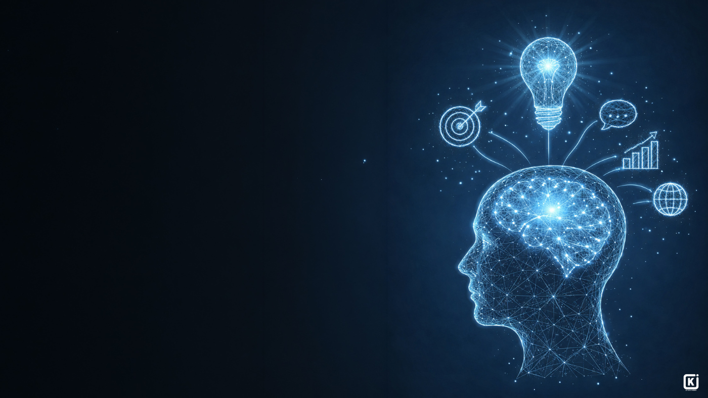 Illustration eines leuchtenden, digital vernetzten menschlichen Kopfes mit sichtbarem Gehirn. Darüber schweben Symbole für Idee, Ziel, Kommunikation, Wachstum und globale Vernetzung vor dunkelblauem Hintergrund.