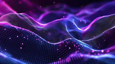 Abstrakte Darstellung digitaler Wellen in Violett- und Blautönen mit leuchtenden Punkten und Linien, die Datenströme und technologische Innovation symbolisieren.