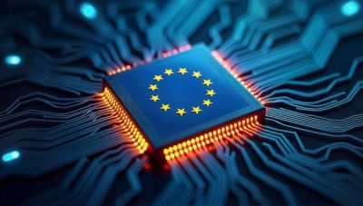 Symbolischer Mikrochip mit der Flagge der Europäischen Union in der Mitte, umgeben von leuchtenden Leiterbahnen, die technologische Innovation und digitale Infrastruktur darstellen.