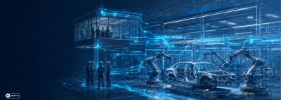 Futuristisch dargestellte Automobilproduktion mit Fahrzeugkarosserie, Robotern und Mitarbeitenden, die durch leuchtende blaue Linien miteinander vernetzt sind. Links bleibt eine dunkelblaue Freifläche.