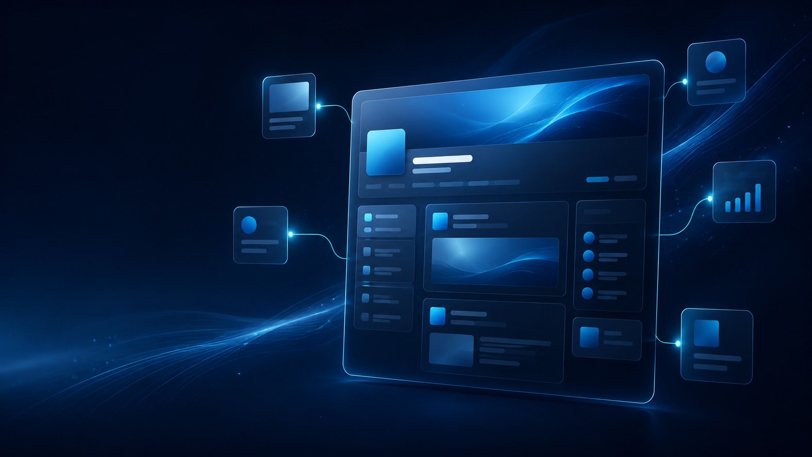 Stilisierte digitale LinkedIn-Unternehmensseite in Dunkelblau, die über leuchtende Linien mit Profilen, Beiträgen und einer Statistik verbunden ist.