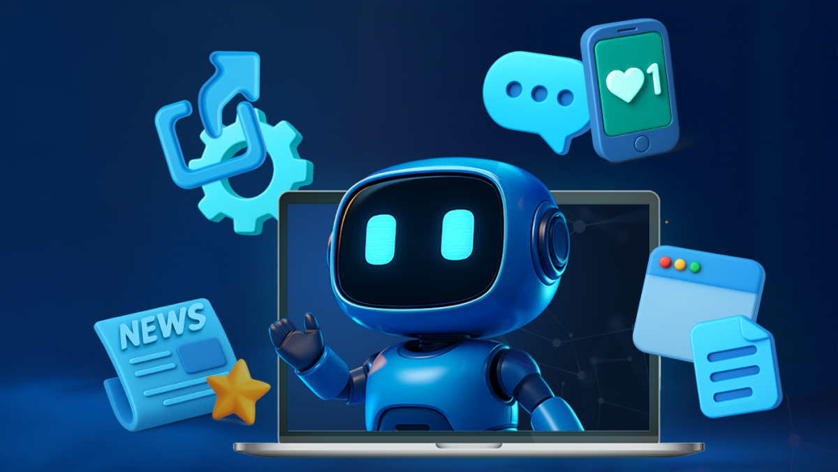Ein Symbolbild für GEO. Ein Roboter schaut aus einem Laptop auf verschiedene Icons, die unterschiedlichen Content darstellen.