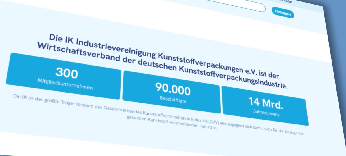Screenshot der Website der Industrievereinigung Kunststoffverpackungen e.V. (IK) mit Kennzahlen zur Branche: 300 Mitgliedsunternehmen, 90.000 Beschäftigte und 14 Milliarden Euro Jahresumsatz.