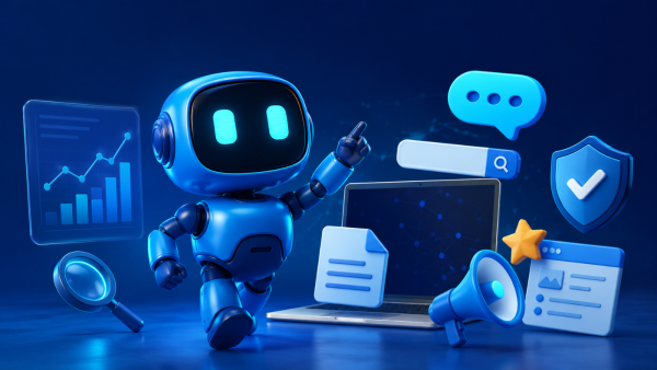 **Alternativtext:** Blau leuchtende 3D-Illustration eines freundlichen Roboters vor einem digitalen Hintergrund. Um ihn herum schweben Symbole für Suche, Analyse, Chat, Sicherheit, Bewertung und Online-Inhalte.
