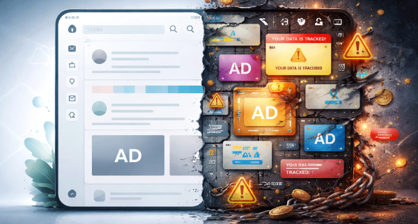 Eine moderne, glänzende App-/UI-Oberfläche, die nach rechts hin „verfällt“als Symbolbild für Entshitification