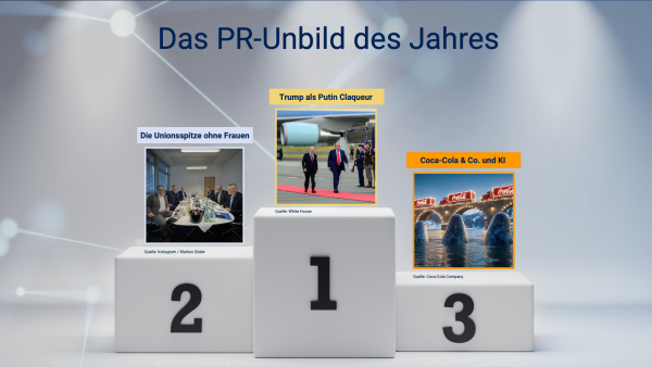 Grafik mit der Überschrift „Das PR-Unbild des Jahres“, die drei Bildbeispiele auf einem Siegerpodest zeigt: ein politisches Empfangsbild auf Platz 1, ein Gruppenfoto ohne Frauen auf Platz 2 und ein KI-generiertes Markenmotiv auf Platz 3, jeweils mit erklärenden Beschriftungen.