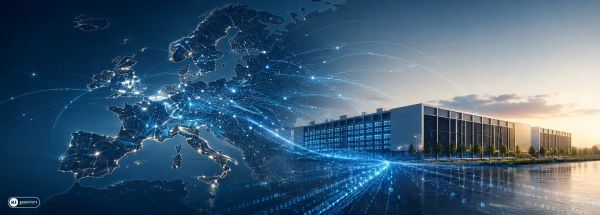 KI-generierte Illustration eines modernen Rechenzentrums, das durch leuchtende Datenströme mit zahlreichen Standorten in Europa vernetzt ist.