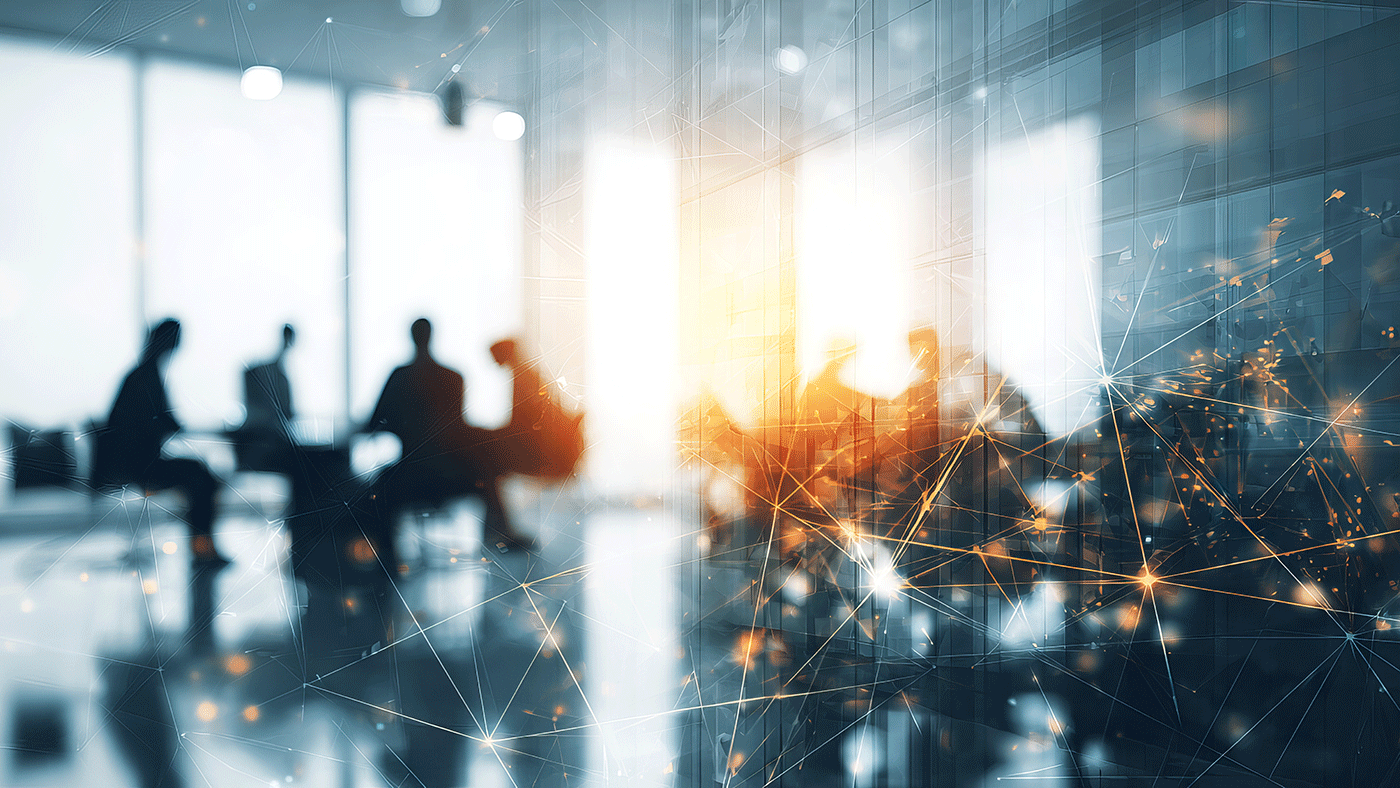 Ein Abstraktes Bürobild mit Vernetzungslinien als Symbolbild für Innovationsstärke und Innovationsreputation